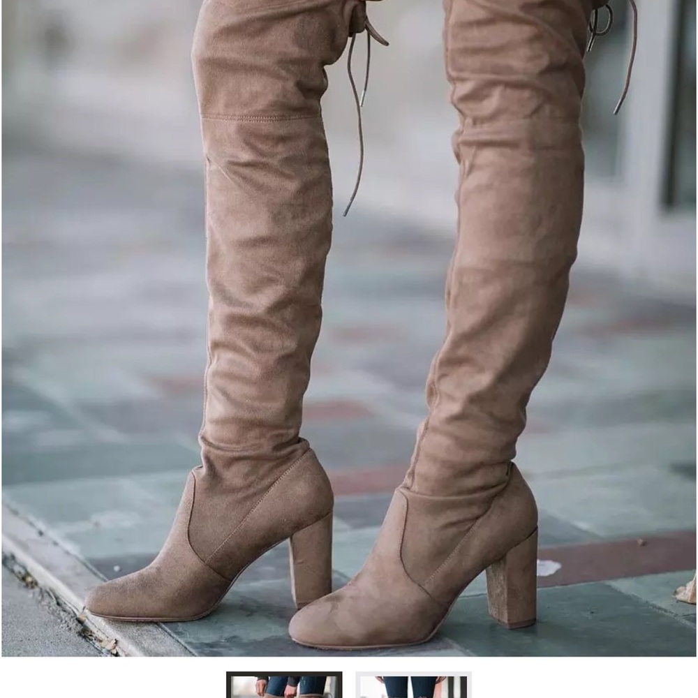 Buckle Tan Over-the-Knee Micro Suede Boots with Chunky Heel Size 8. Casual